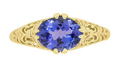 Yellow Gold Edwardian Fleur-De-Lys Filigree East to West Oval Tanzanite Ring - Item: R799YTA - Image: 5