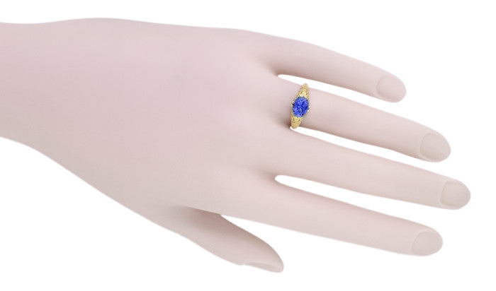 Yellow Gold Edwardian Fleur-De-Lys Filigree East to West Oval Tanzanite Ring - Item: R799YTA - Image: 6