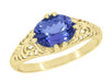 Yellow Gold Edwardian Fleur-De-Lys Filigree East to West Vintage Oval Tanzanite Ring - R799YTA