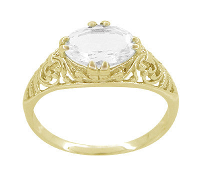 Oval White Sapphire Edwardian Filigree Engagement Ring in 14 Karat Yellow Gold - Item: R799YWS - Image: 3