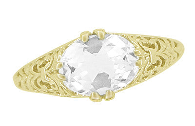 Oval White Sapphire Edwardian Filigree Engagement Ring in 14 Karat Yellow Gold - Item: R799YWS - Image: 4