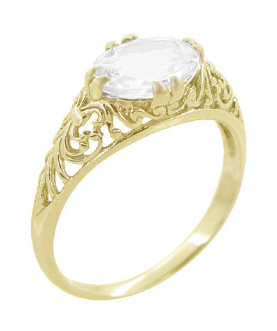 Oval White Sapphire Edwardian Filigree Engagement Ring in 14 Karat Yellow Gold - Item: R799YWS - Image: 2