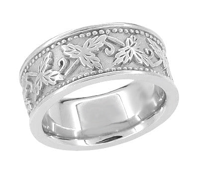 Grapes and Grape Leaves Heavy Wide Wedding Band in 14K White Gold - 8mm Wide
