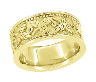 Grapes and Grape Leaves 8mm Wide Heavy Wedding Band in 14 Karat Yellow Gold