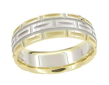 Mixed Metals Carved 1950's Design Geometric Comfortable Fit Wedding Band in Two-Tone 14 Karat White and Yellow Gold - 7mm Wide