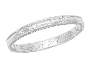 Vintage Art Deco 1930's Flowers and Bars Engraved Wedding Ring in 10K White Gold