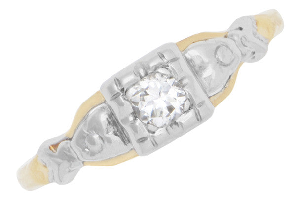 Art Deco Pansy Flowers Mixed Metals Vintage Diamond Engagement Ring in 14K Two Tone White & Yellow Gold - Item: R836 - Image: 2