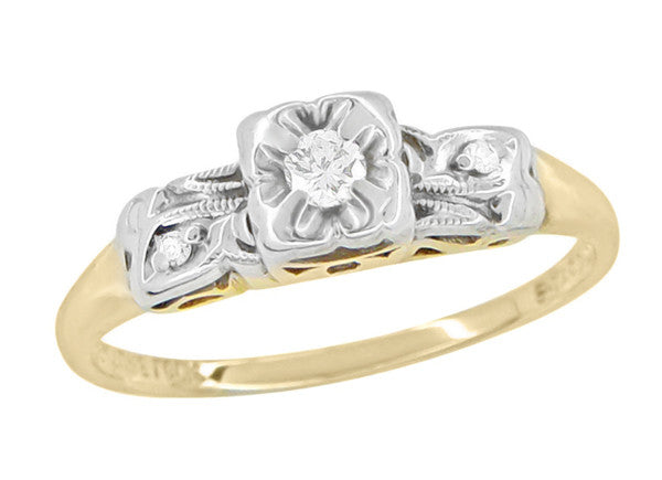 1940's Vintage Pansy Flower Diamond Engagement Ring in Two Tone 14 Karat Yellow and White Gold