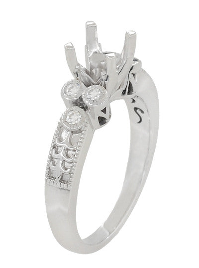 Vintage Engraved Fleur De Lis Design Engagement Ring Mounting for a 1 Carat Diamond in 14 Karat White Gold - Item: R8411R - Image: 3