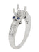 Art Deco Side Sapphires and Diamonds 1 Carat Engagement Ring Mounting with Engraved Fleur De Lis in 14 Karat White Gold for a 6mm to 6.5mm Stone