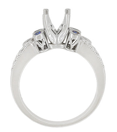 Art Deco Side Sapphires and Diamonds 1 Carat Engagement Ring Mounting with Engraved Fleur De Lis in 14 Karat White Gold for a 6mm to 6.5mm Stone - Item: R8411RS - Image: 5