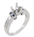 Art Deco Side Sapphires and Diamonds 1 Carat Engagement Ring Mounting with Engraved Fleur De Lis in 14 Karat White Gold for a 6mm to 6.5mm Stone