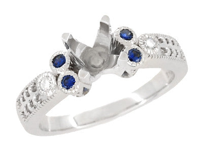 Art Deco Side Sapphires and Diamonds 1 Carat Engagement Ring Mounting with Engraved Fleur De Lis in 14 Karat White Gold for a 6mm to 6.5mm Stone