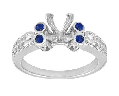 Vintage Fleur De Lis Carved Engagement Ring Mounting with Side Sapphires and Diamonds for a 1 Carat Square Diamond in White Gold - Item: R8411S - Image: 3