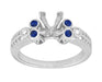 Vintage Fleur De Lis Carved Engagement Ring Mounting with Side Sapphires and Diamonds for a 1 Carat Square Diamond in White Gold