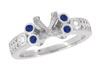 Vintage Fleur De Lis Carved Engagement Ring Mounting with Side Sapphires and Diamonds for a 1 Carat Square Diamond in White Gold - Item: R8411S - Image: 4
