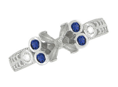 Vintage Fleur De Lis Carved Engagement Ring Mounting with Side Sapphires and Diamonds for a 1 Carat Square Diamond in White Gold - Item: R8411S - Image: 5
