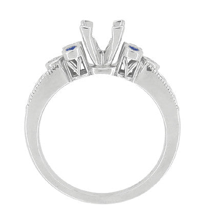 Vintage Fleur De Lis Carved Engagement Ring Mounting with Side Sapphires and Diamonds for a 1 Carat Square Diamond in White Gold - Item: R8411S - Image: 7