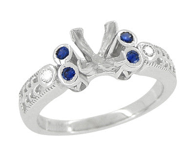 Vintage Fleur De Lis Carved Engagement Ring Mounting with Side Sapphires and Diamonds for a 1 Carat Square Diamond in White Gold