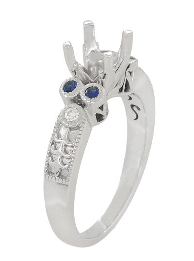 Antique Style 3/4 Carat Diamond and Sapphire Heirloom Engraved Fleur De Lis Engagement Ring Mounting in 14 Karat White Gold - Item: R841RS - Image: 3