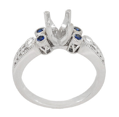 Antique Style 3/4 Carat Diamond and Sapphire Heirloom Engraved Fleur De Lis Engagement Ring Mounting in 14 Karat White Gold - Item: R841RS - Image: 4