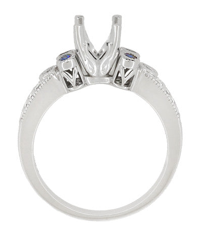 Antique Style 3/4 Carat Diamond and Sapphire Heirloom Engraved Fleur De Lis Engagement Ring Mounting in 14 Karat White Gold - Item: R841RS - Image: 5