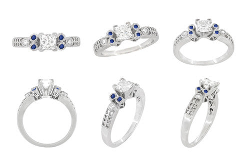 Eternal Stars Sapphire Side Stones Engraved Fleur De Lis Engagement Ring Mounting for a 3/4 Carat Princess Cut Diamond  in 14 Karat White Gold - Item: R841S - Image: 8