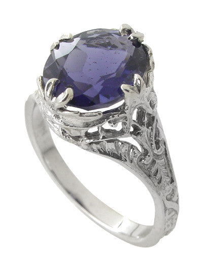 Edwardian Filigree Oval Violet Iolite Ring in 14 Karat White Gold - Item: R843i - Image: 2