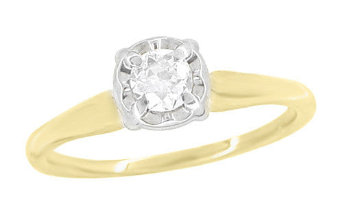 Vintage 1950's Solitaire Old European Cut Diamond Engagement Ring in Two Tone White and Yellow 14K Gold