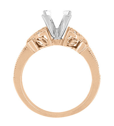 Side Filigree on Rose Gold Antique Style Ring Setting for a Square Princess Cut Diamond  - R850PR75R