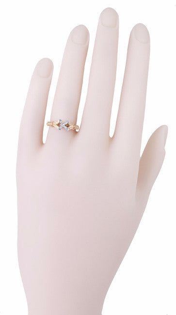 R850PR75R Rose Gold Butterflies Square Vintage Ring Setting on a Hand