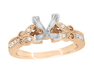 14 Karat Rose Gold Art Deco Filigree Twin Butterflies 3/4 Carat Princess Cut Diamond Semimount Engagement Ring - alternate view