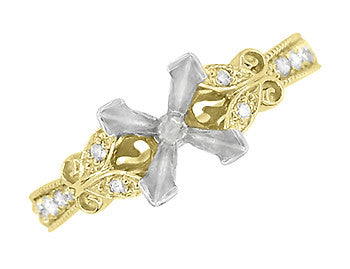 Art Deco Filigree Twin Butterflies Yellow Gold 3/4 Carat Princess Cut Diamond Engagement Ring Setting - Item: R850PR75Y - Image: 3