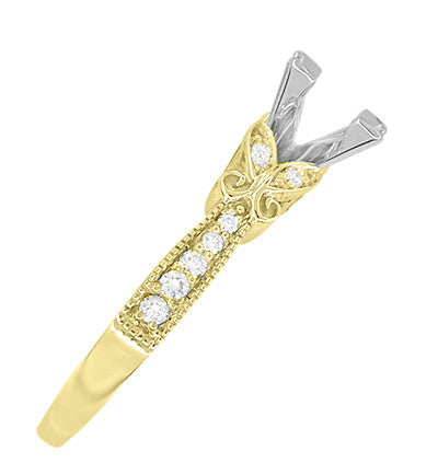 Art Deco Filigree Twin Butterflies Yellow Gold 3/4 Carat Princess Cut Diamond Engagement Ring Setting - Item: R850PR75Y - Image: 4