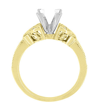 Art Deco Filigree Twin Butterflies Yellow Gold 3/4 Carat Princess Cut Diamond Engagement Ring Setting - Item: R850PR75Y - Image: 5
