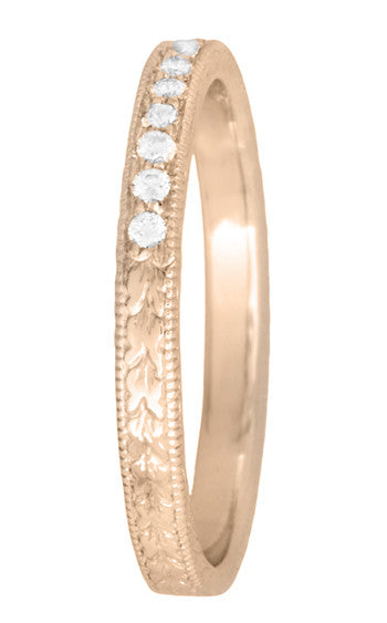 Art Deco Vintage Engraved Wheat Diamond Wedding Band in 14K Rose Gold ( Pink Gold ) - Item: R858RD-LC - Image: 3