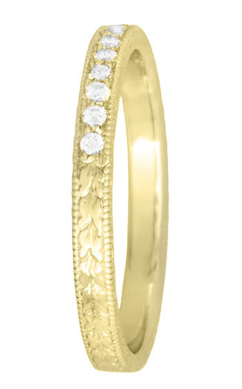 Art Deco Vintage Engraved Wheat Yellow Gold Diamond Wedding Band - Item: R858YD-LC - Image: 3
