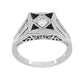 Art Deco Engraved Filigree 4 Stone Blue Sapphire and Diamond Antique Style Ring in 18 Karat White Gold