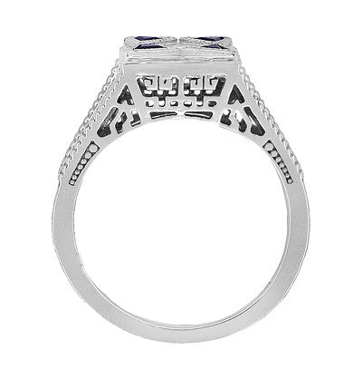 Art Deco Engraved Filigree 4 Stone Blue Sapphire and Diamond Antique Style Ring in 18 Karat White Gold - Item: R862 - Image: 4