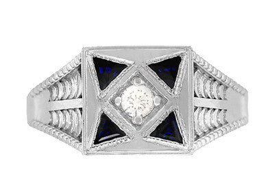 Art Deco Engraved Filigree 4 Stone Blue Sapphire and Diamond Antique Style Ring in 18 Karat White Gold - Item: R862 - Image: 5