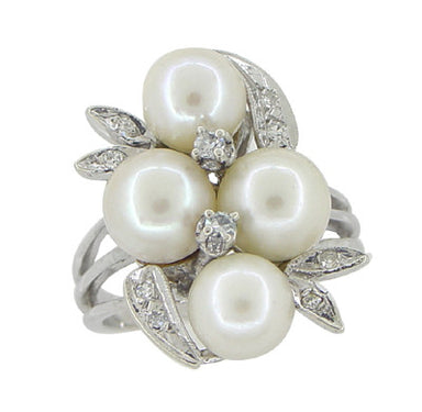 Vintage Pearl and Diamond Retro Moderne Cluster Cocktail Ring in 14 Karat White Gold