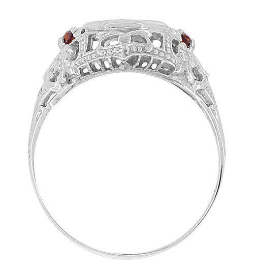 Edwardian Filigree Garnet and Diamond Vintage Engagement Ring in 18 Karat White Gold - Item: R865 - Image: 3