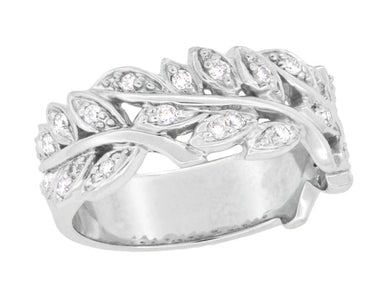 Mid Century Modern Leaf Spray Sculptural Diamonds Wide Wedding Ring in 14 Karat White Gold