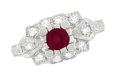 Ruby and Diamond Art Deco 18 Karat White Gold Shield Engagement Ring - alternate view