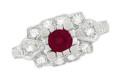 Ruby & Diamond Art Deco 18K White Gold Shield Vintage Engagement Ring ...