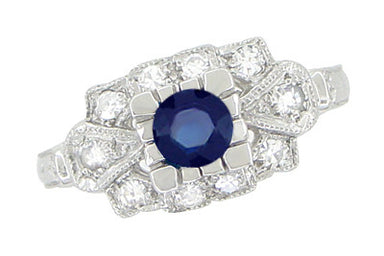 1920's Vintage Style Sapphire and Diamond Art Deco Platinum Shield Engagement Ring - alternate view