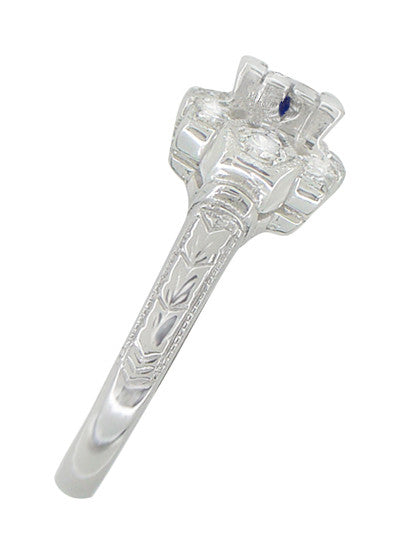 Art Deco Blue Sapphire and Diamonds Engagement Ring in 18 Karat White Gold - Item: R880S - Image: 3