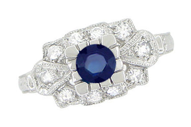 Art Deco Blue Sapphire and Diamonds Engagement Ring in 18 Karat White Gold - alternate view