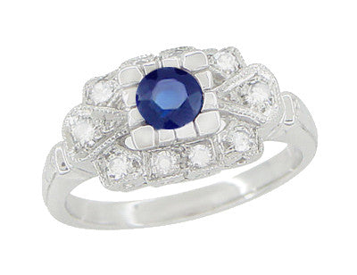 Art Deco Blue Sapphire and Diamonds Engagement Ring in 18 Karat White Gold