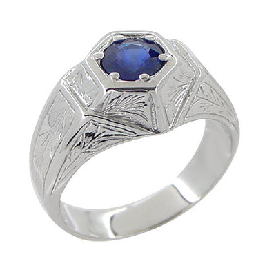 Art Deco Geometric Hexagonal Mens Blue Sapphire Ring in 14 Karat White Gold - alternate view